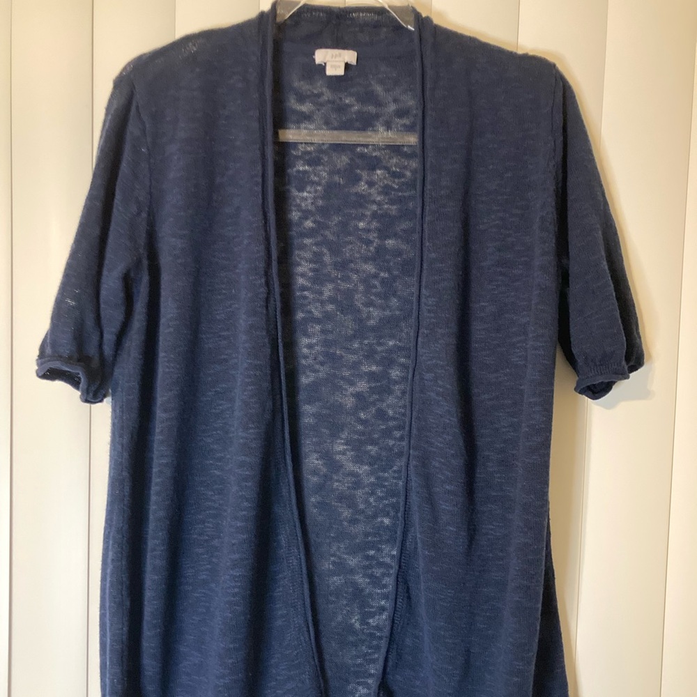 J. JILL Knit Open Front Cardigan Sweater Navy Short Sleeve Linen Blend Sz S